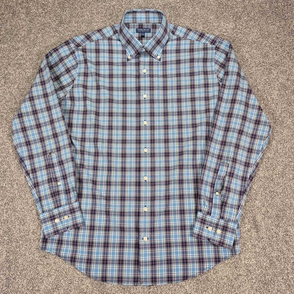 Peter Millar Crown Crafted Shirt‎ Mens Large Navy Blue Plaid Performance